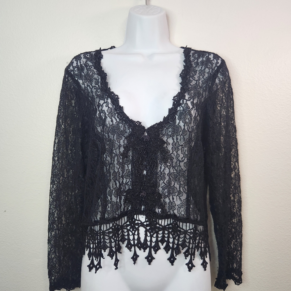 Margot Lea Vintage 80s Sheer Lace Gothic Dramatic Floral Cardigan